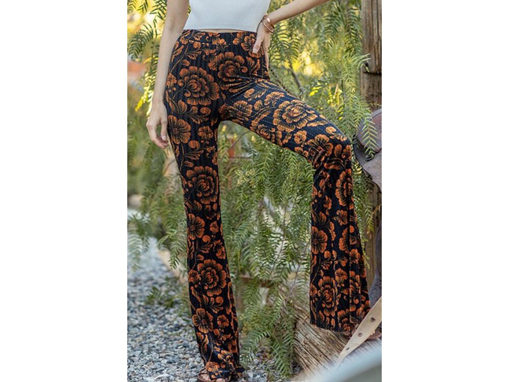 Reverof Velvet Floral Black Flare Pants