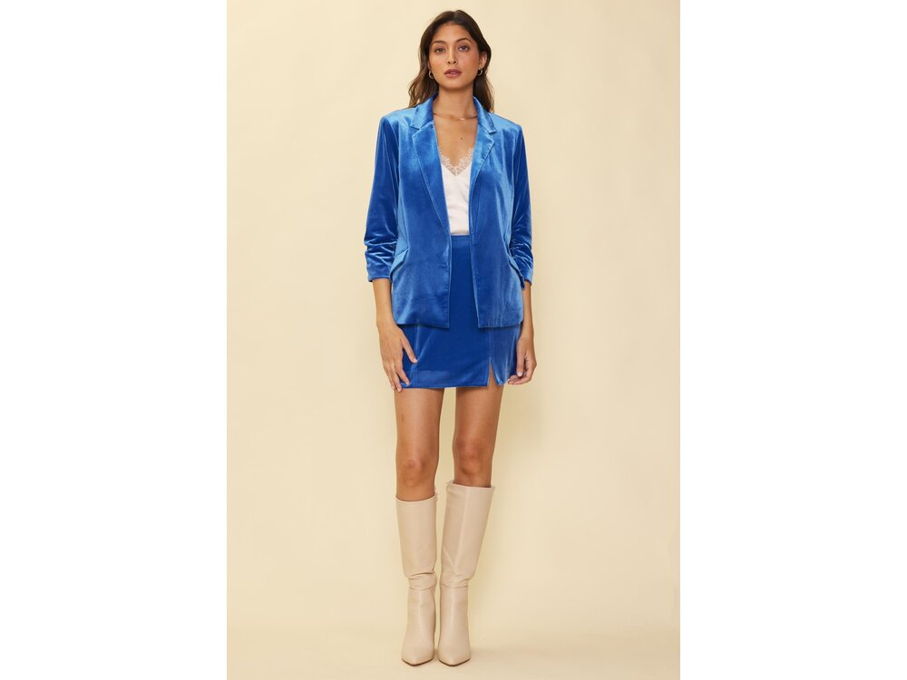 Skies Are Blue Velvet Side Slit Skirt- Cobalt Blue
