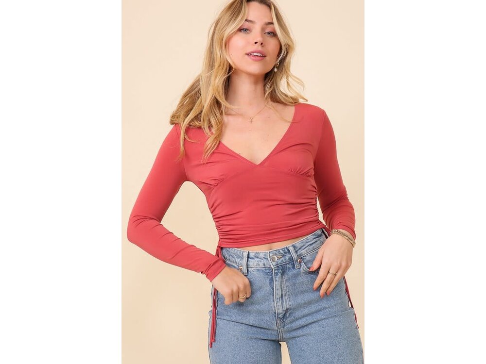 Timing Simple V-Neck with Ruched Sides- Rust