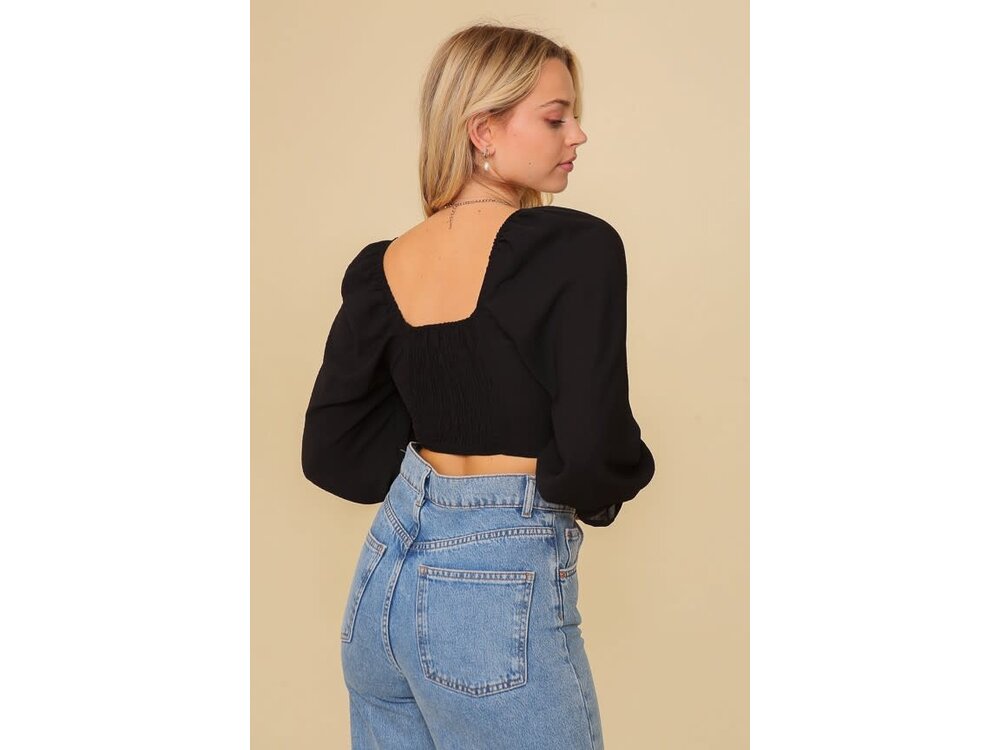 Timing Puff Sleeve Surplice Crop Top- Black-