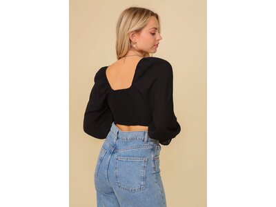 Timing Puff Sleeve Surplice Crop Top- Black-