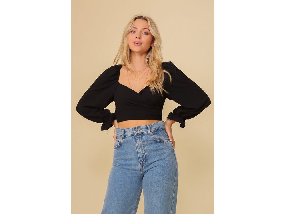 Timing Puff Sleeve Surplice Crop Top- Black-