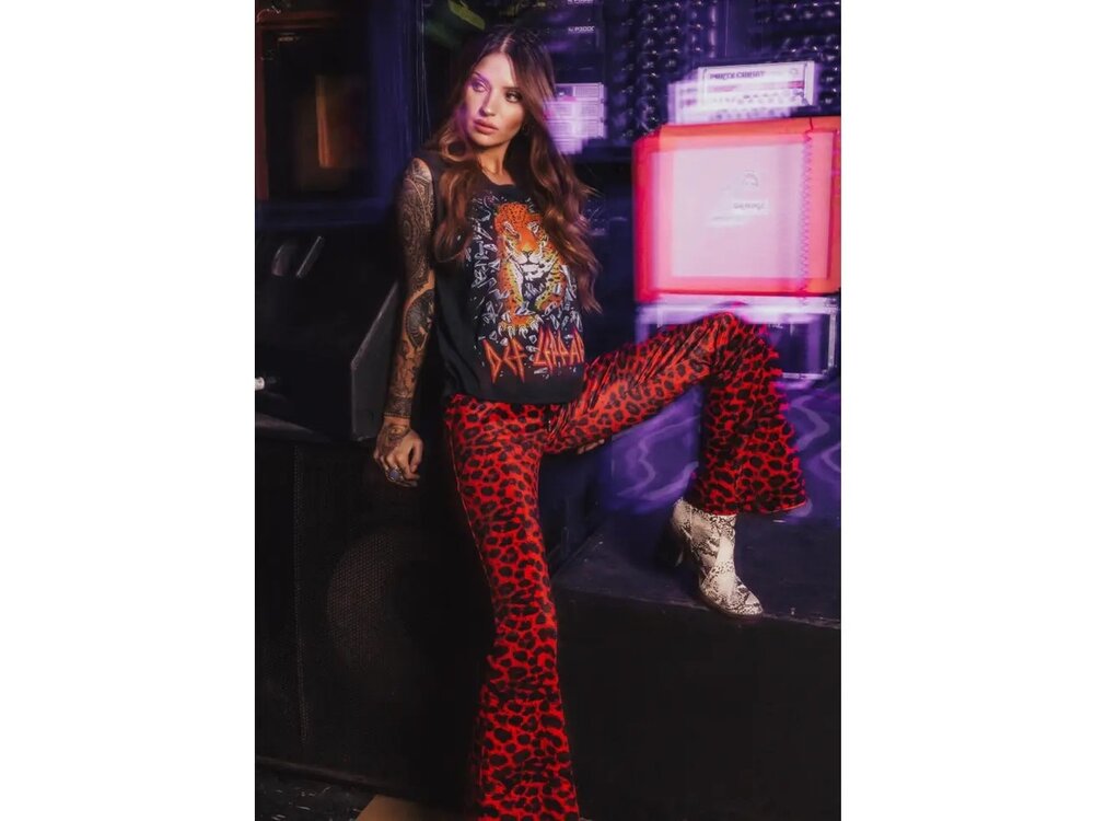 Pretty Attitude Animal Print Velvet Bell Bottom- Red-