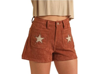 Rock and Roll Denim Brown Suede Star Shorts- BW68D03554-