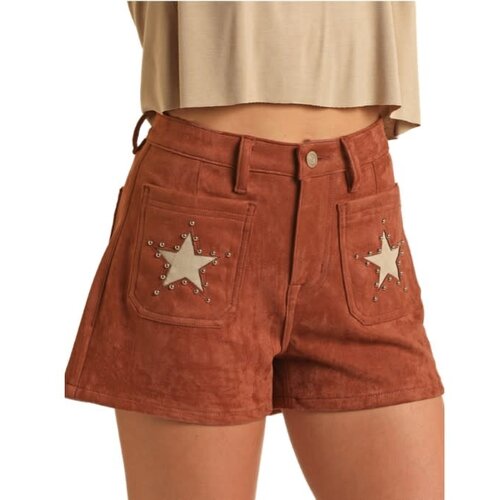 Rock and Roll Denim Brown Suede Star Shorts- BW68D03554-