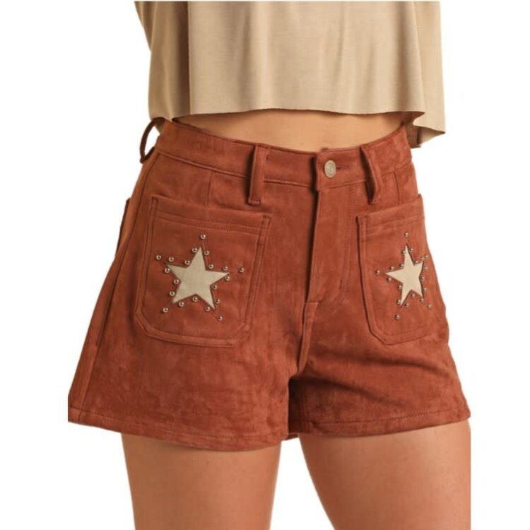 Rock and Roll Denim Brown Suede Star Shorts- BW68D03554-