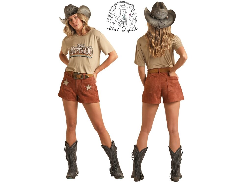 Rock and Roll Denim Brown Suede Star Shorts- BW68D03554-