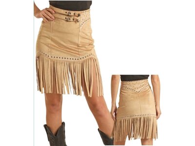 Rock and Roll Denim Studded Suede Belted Skirt- BW69B03274-