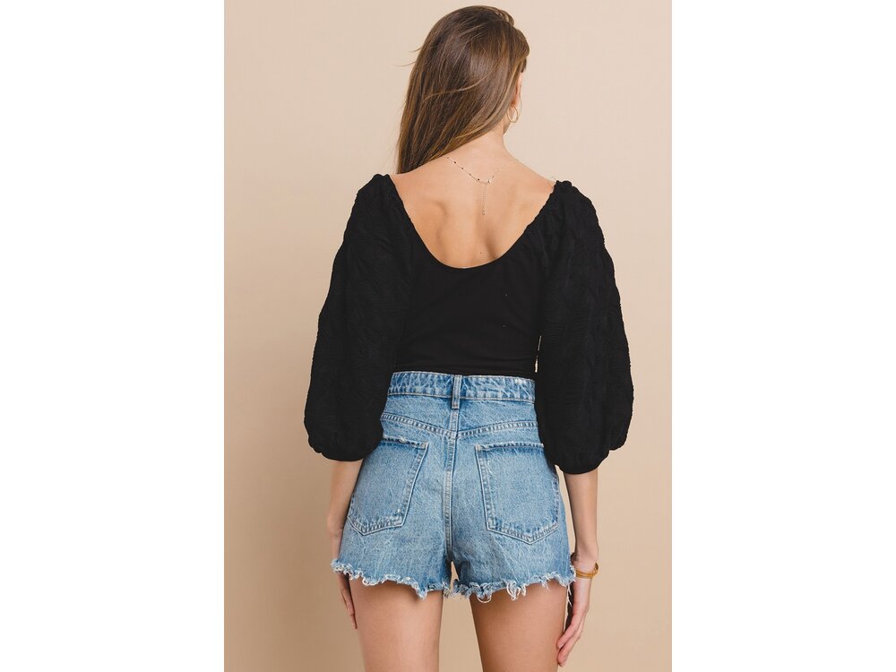 Ces Femme Scoop Neck Balloon Sleeve Bodysuit- Black-