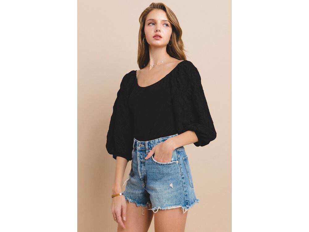 Ces Femme Scoop Neck Balloon Sleeve Bodysuit- Black-