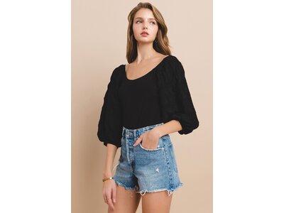 Ces Femme Scoop Neck Balloon Sleeve Bodysuit- Black-