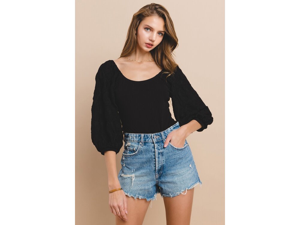 Ces Femme Scoop Neck Balloon Sleeve Bodysuit- Black-