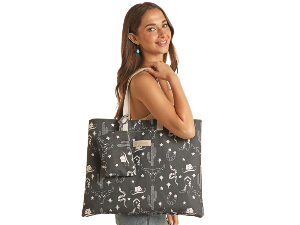 Rock and Roll Denim Western Emblems Tote Bag- Black