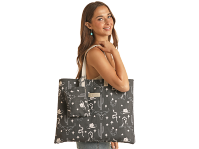 Rock and Roll Denim Western Emblems Tote Bag- Black