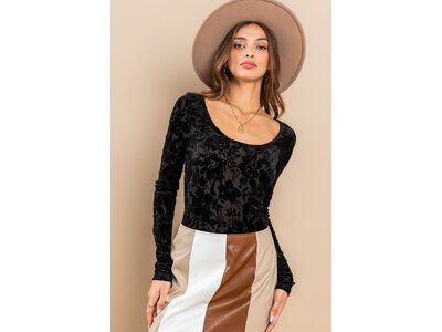 Ces Femme Velvet Floral Bodysuit- Black