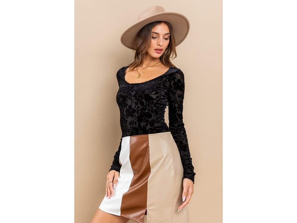 Ces Femme Velvet Floral Bodysuit- Black