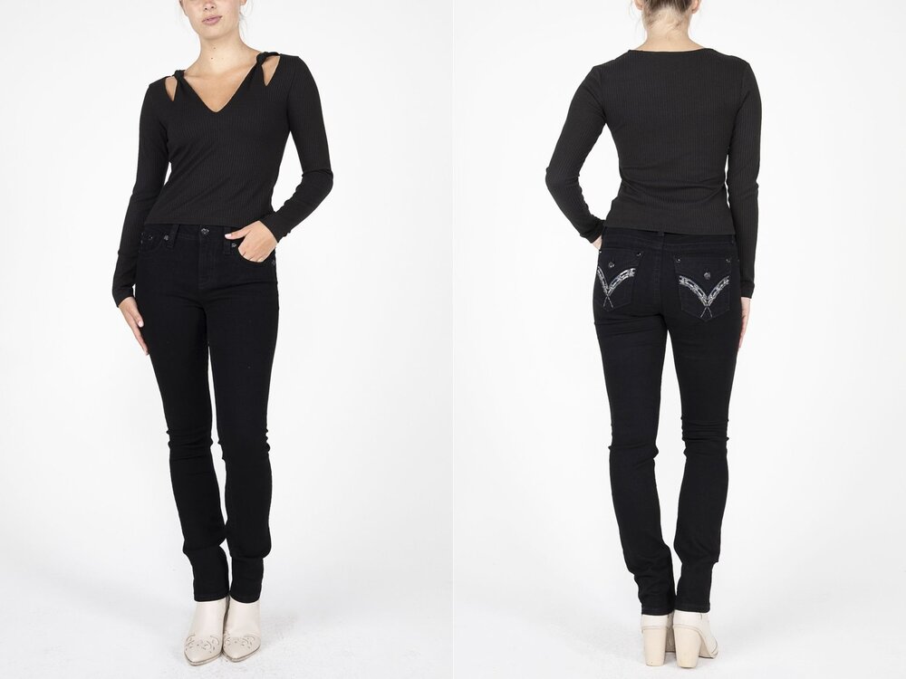 Miss ME V-Neck Knot Tie Top- Black-