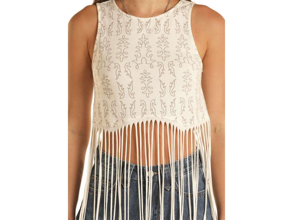 Rock and Roll Denim Bootstitch Fringe Tank- BW20T03283-