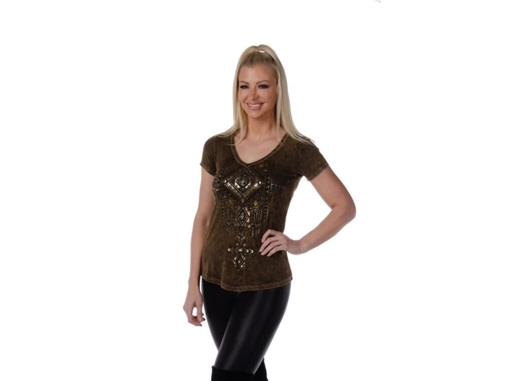 Liberty Wear Short Sleeve- Brown- Gold Embellished-
