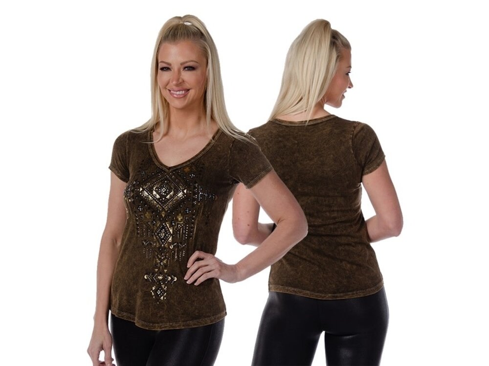 Liberty Wear Short Sleeve- Brown- Gold Embellished-