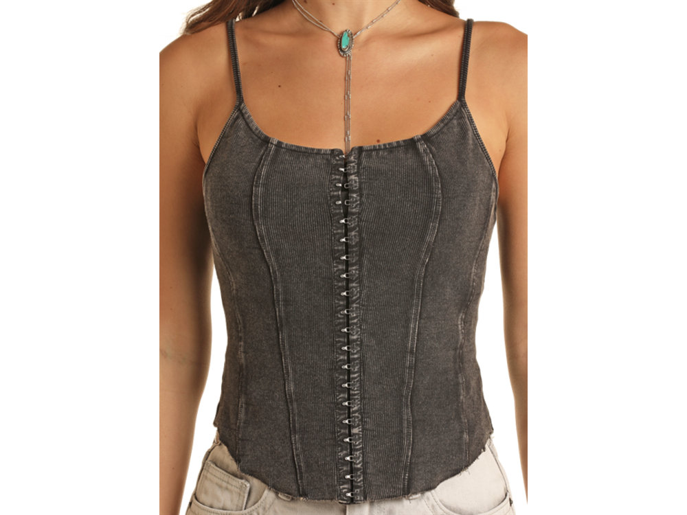 Rock and Roll Denim Corset Mineral Wash Tank- BW20T03249 - Black