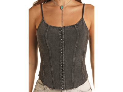 Rock and Roll Denim Corset Mineral Wash Tank- BW20T03249 - Black