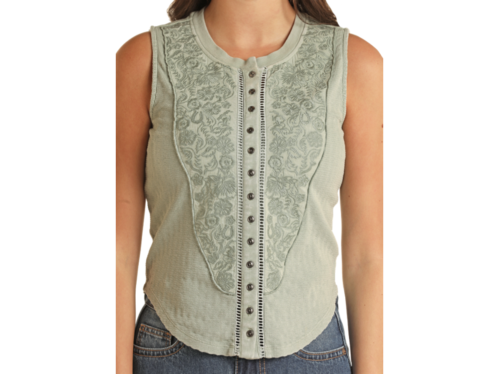 Rock and Roll Denim Floral Embroidered Tank- BW20T03302- Jade -