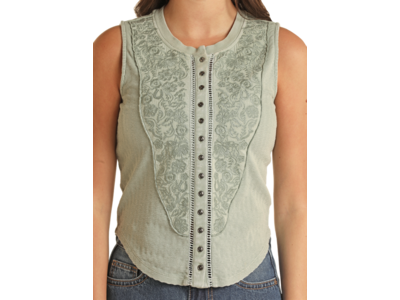 Rock and Roll Denim Floral Embroidered Tank- BW20T03302- Jade -