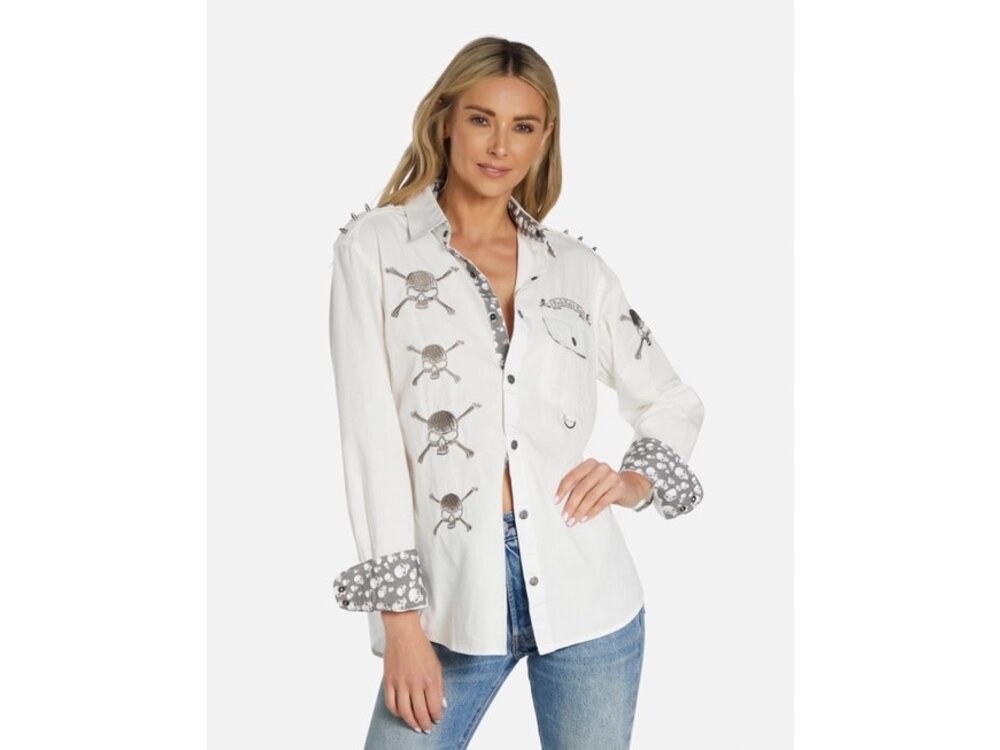 Rock Roll N Soul Torry Soul Skull Boyfriend Shirt- White-