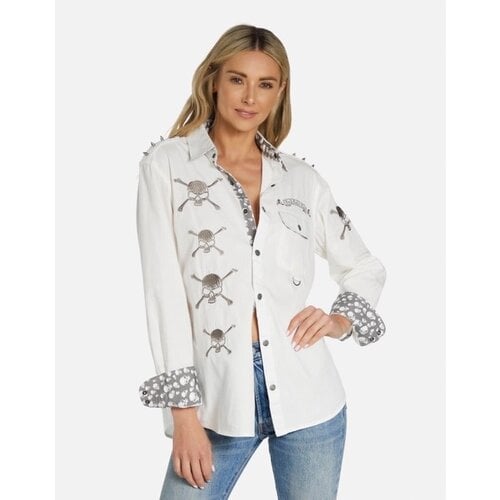 Rock Roll N Soul Torry Soul Skull Boyfriend Shirt- White-