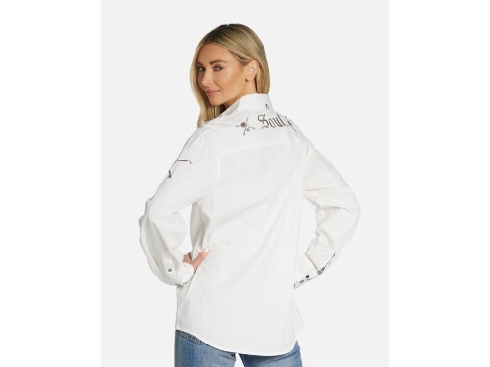 Rock Roll N Soul Torry Soul Skull Boyfriend Shirt- White-