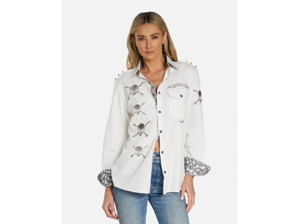 Rock Roll N Soul Torry Soul Skull Boyfriend Shirt- White-