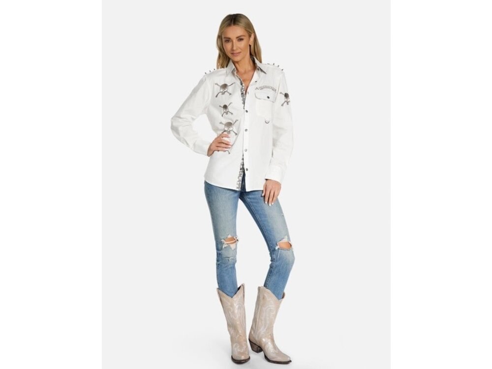 Rock Roll N Soul Torry Soul Skull Boyfriend Shirt- White-