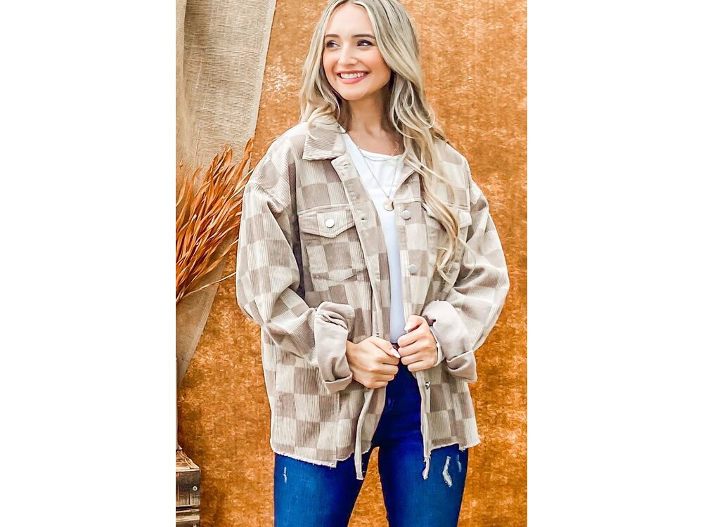And The Why Corduroy Checkered Print Jacket - Beige - ATW14780