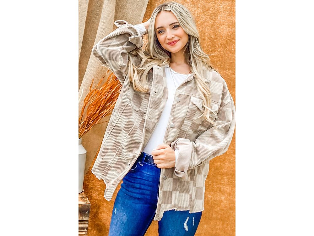 And The Why Corduroy Checkered Print Jacket - Beige - ATW14780