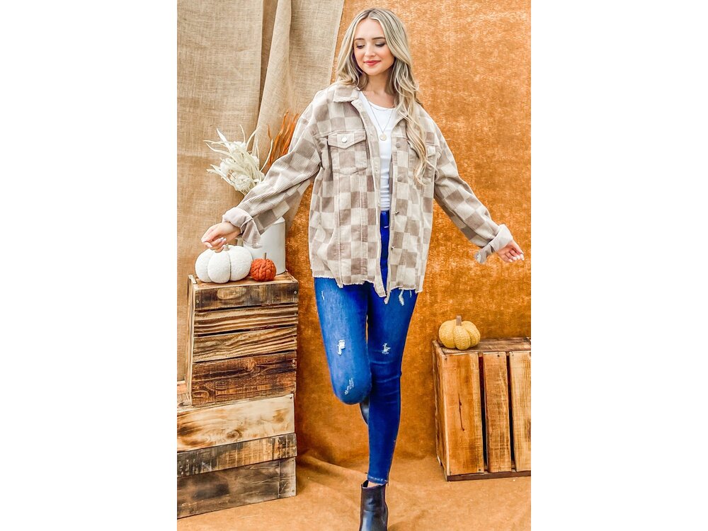 And The Why Corduroy Checkered Print Jacket - Beige - ATW14780