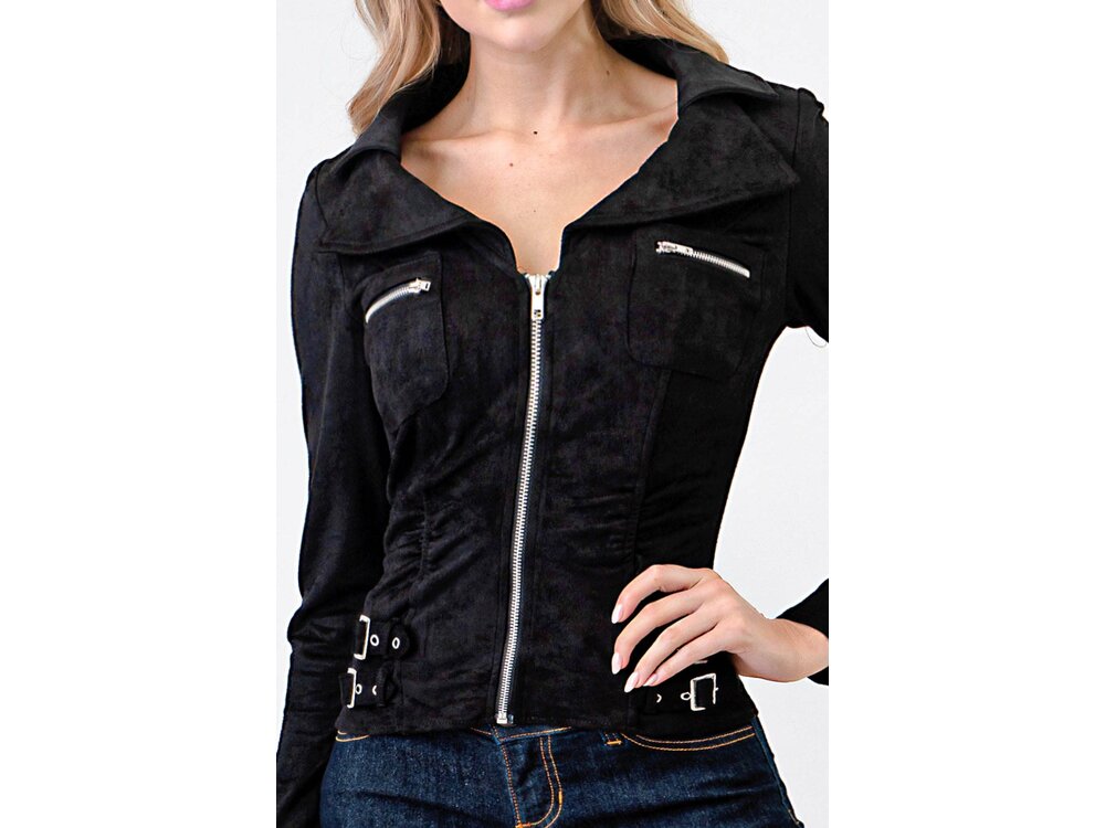 Zip-Up Pocket Suede Shirt- L3683- Black