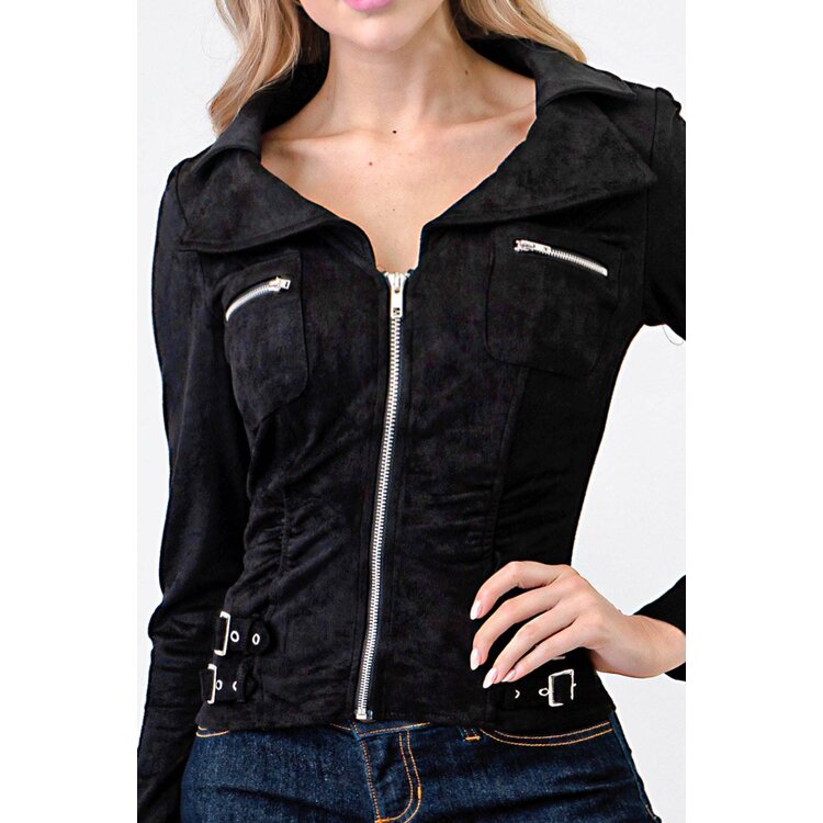 Zip-Up Pocket Suede Shirt- L3683- Black