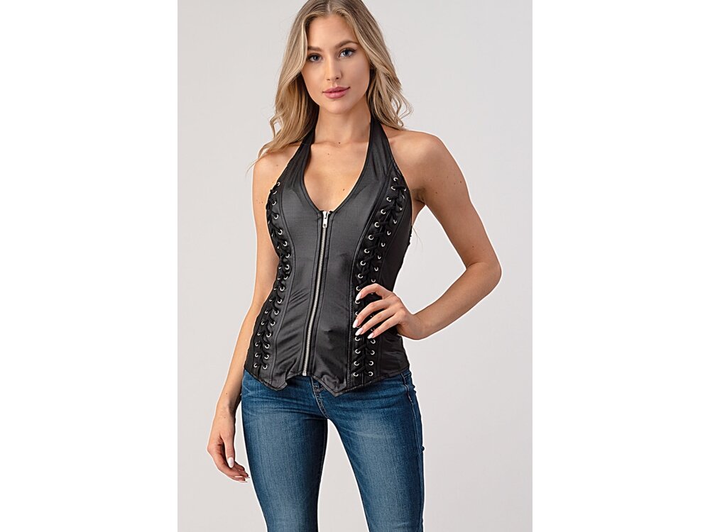 Lace-Up Detail Leather Halter- L3920- Black