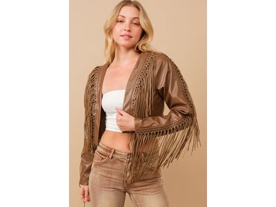 Blue B Faux Leather Cropped Eyelet Fringe Jacket- 61242J- Brown