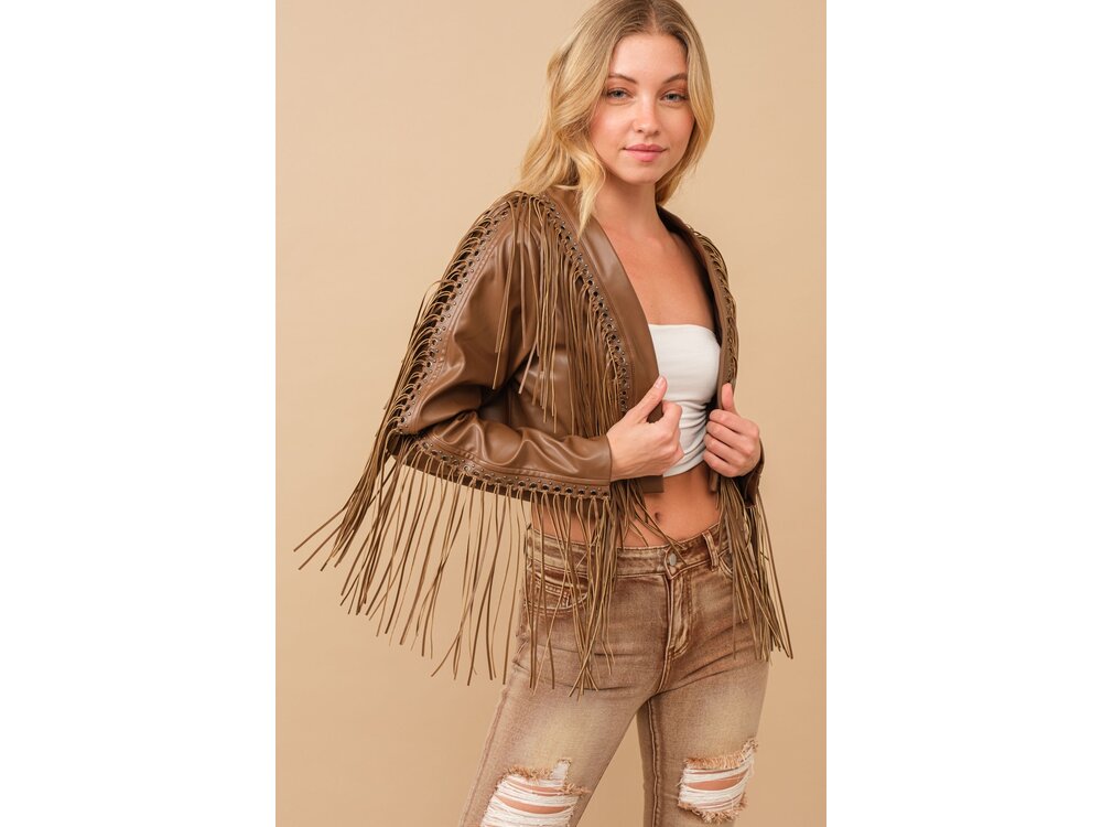 Blue B Faux Leather Cropped Eyelet Fringe Jacket- 61242J- Brown
