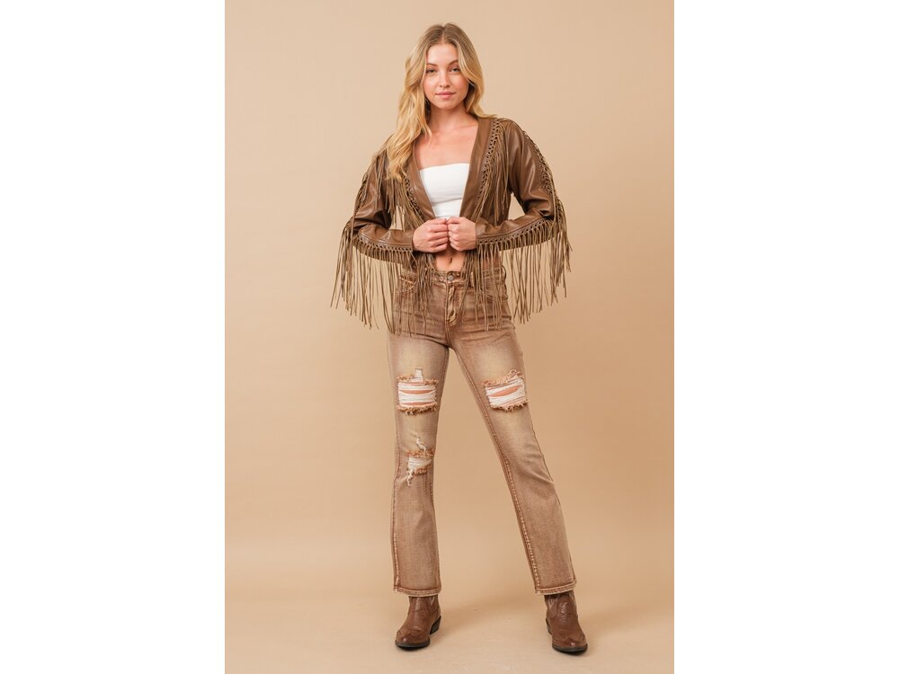 Blue B Faux Leather Cropped Eyelet Fringe Jacket- 61242J- Brown