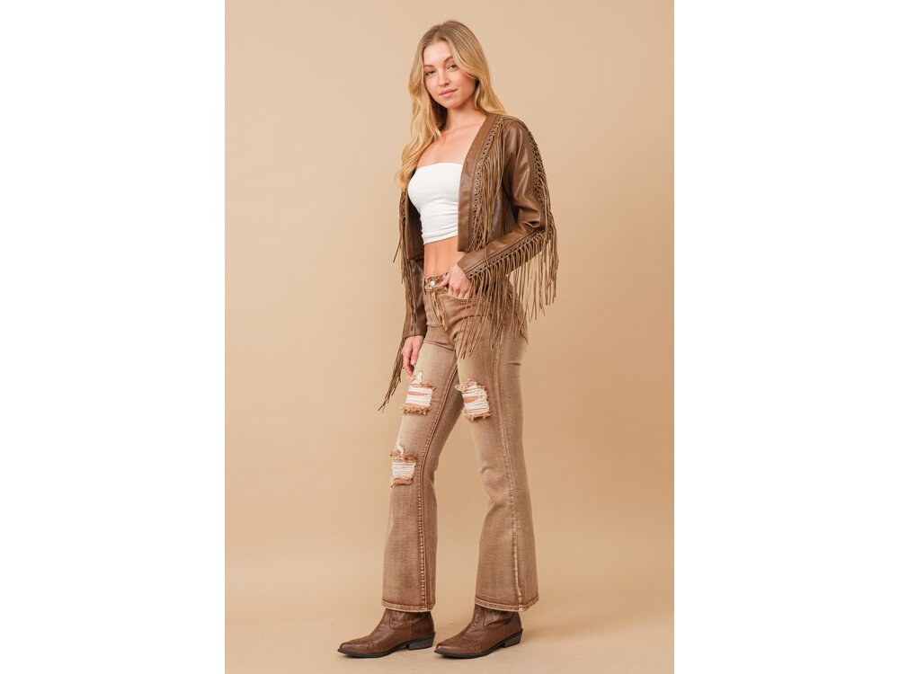 Blue B Faux Leather Cropped Eyelet Fringe Jacket- 61242J- Brown