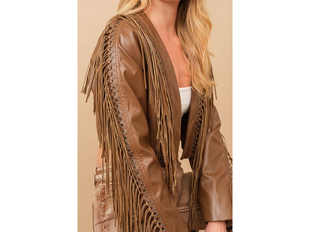 Blue B Faux Leather Cropped Eyelet Fringe Jacket- 61242J- Brown