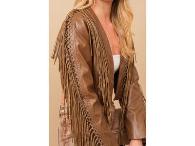 Blue B Faux Leather Cropped Eyelet Fringe Jacket- 61242J- Brown