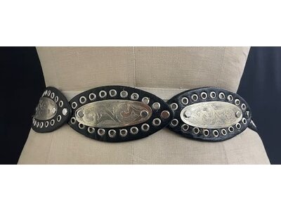 Dairi Handmade Oval Leather Belt with Silver Plated Concho- B317- Black