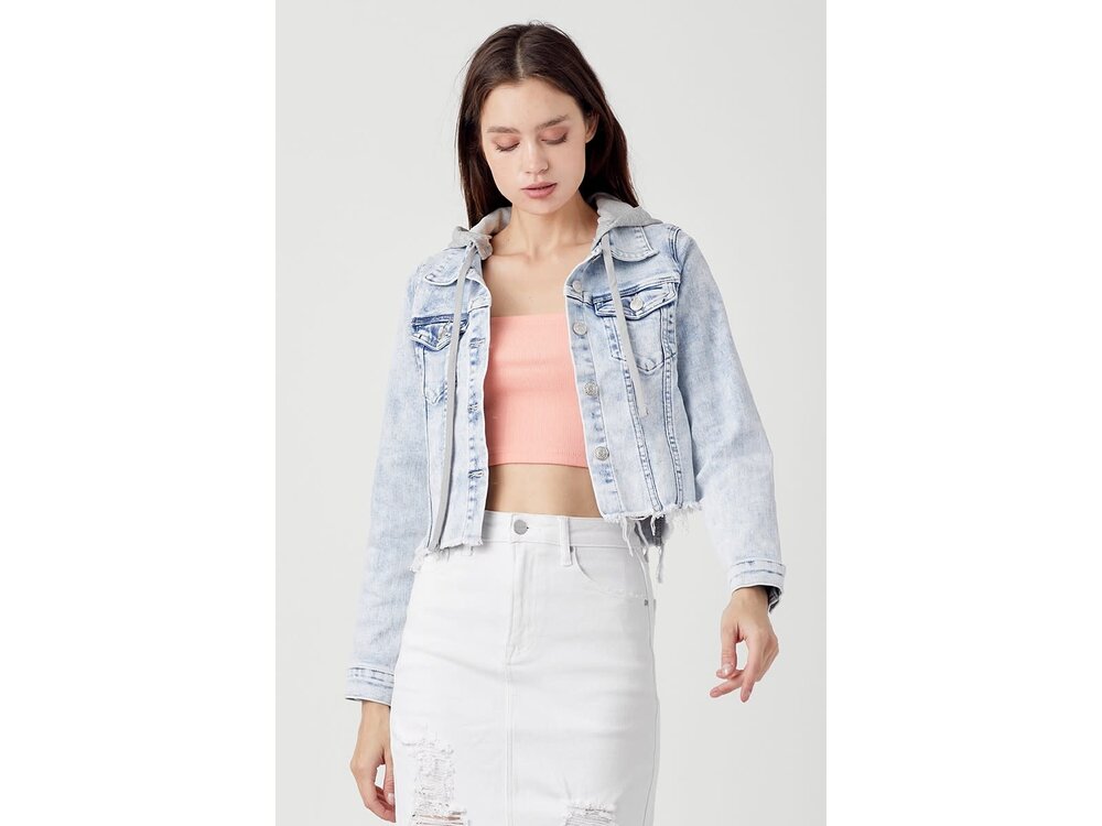 Risen Plus Distressed Denim Jacket with Removeable Hood - XRDJ1109- Light Wash