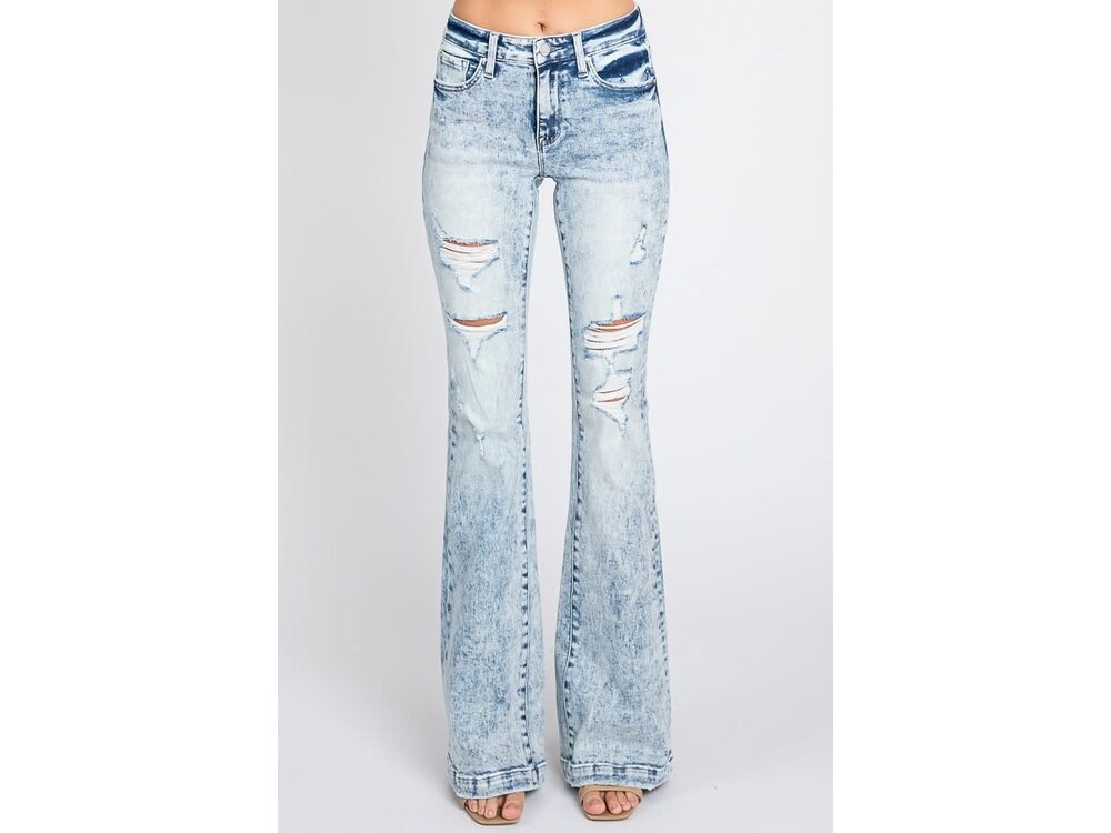 Petra153 Distressed Trouser Hem Flare- Midrise- Light Wash- 34inseam-