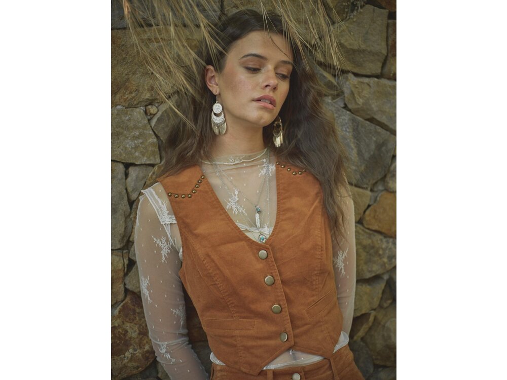 Blue B Corduroy Cropped Studded Vest - Camel