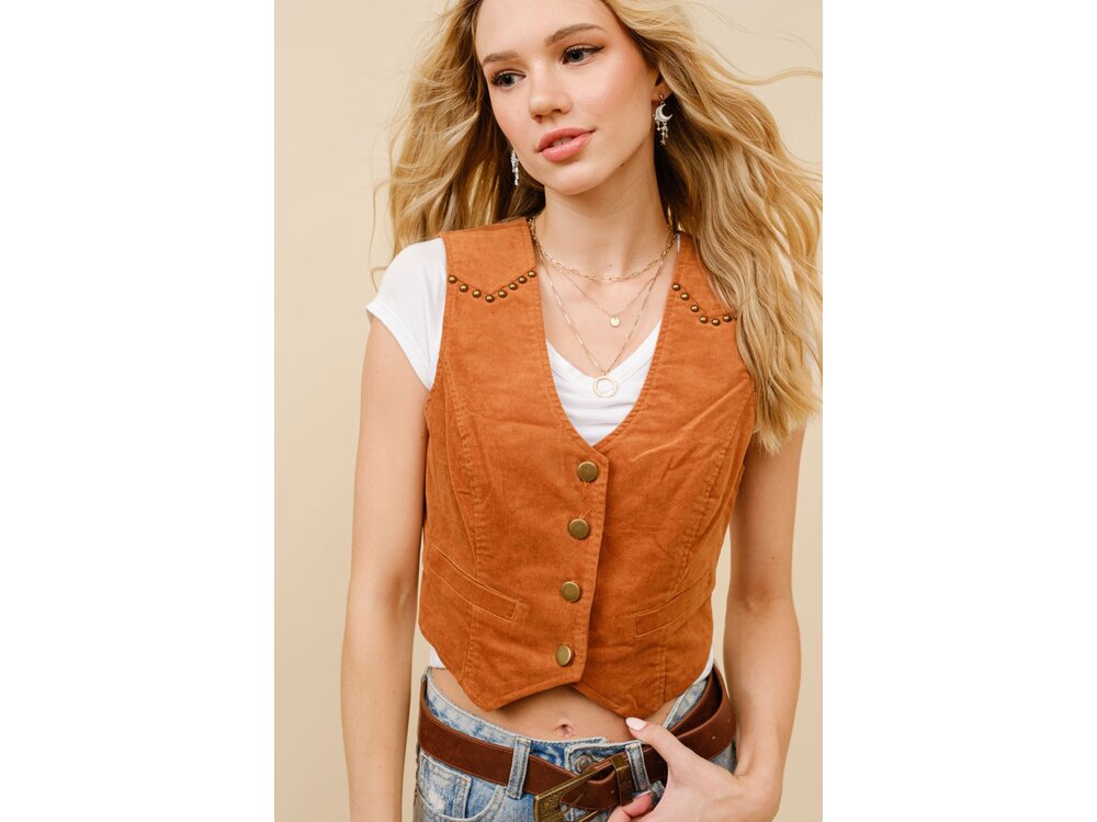 Blue B Corduroy Cropped Studded Vest - Camel